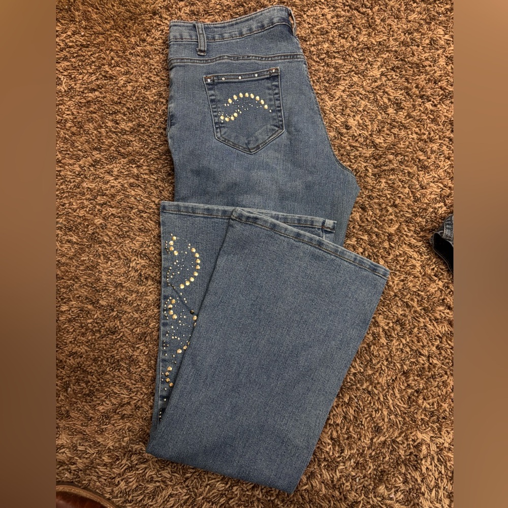 Stylish Blue Flare Jeans with Gold Detailing